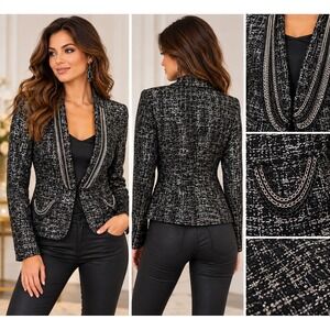 CACHE Womens 6 S Metallic Tweed Blazer Black Silver Chain Y2K Dressy Glam Jacket